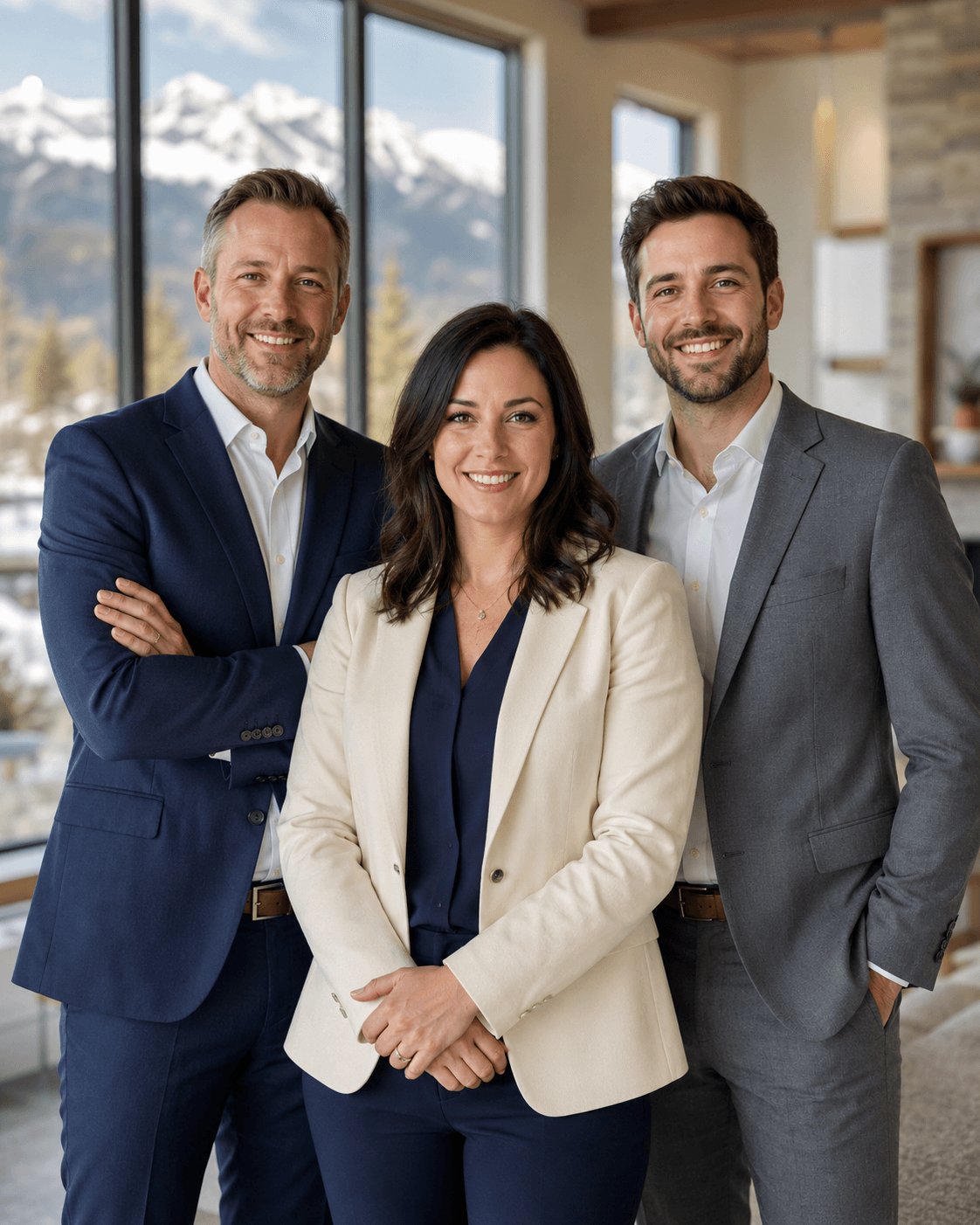 Three vetted Colorado real estate agents in a bright home with mountain views